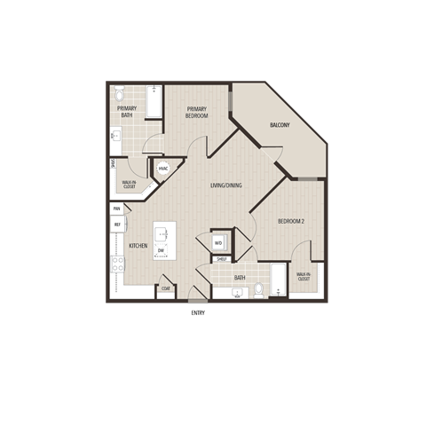 Floor plan for 2 beds, 2 baths, 940 sqft